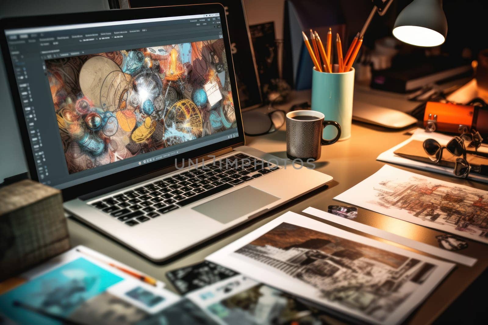 graphic designer home office and creative desk.