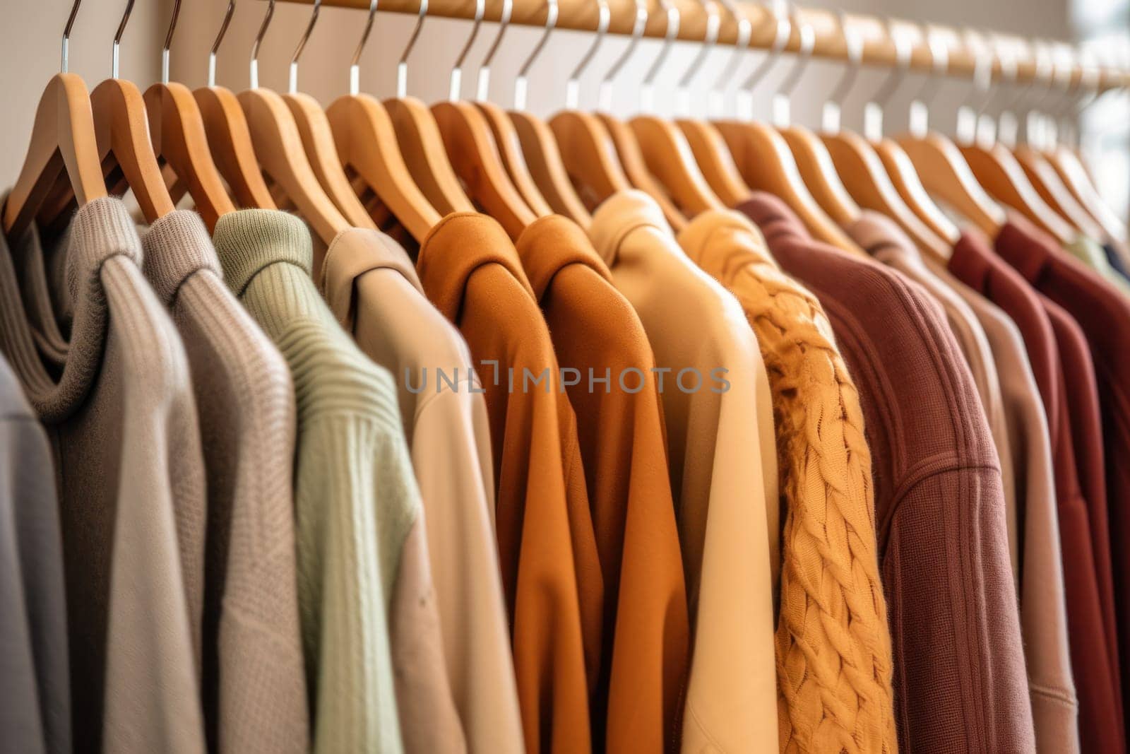Close up a collection of t-shirts hanging on a clothes hanger.