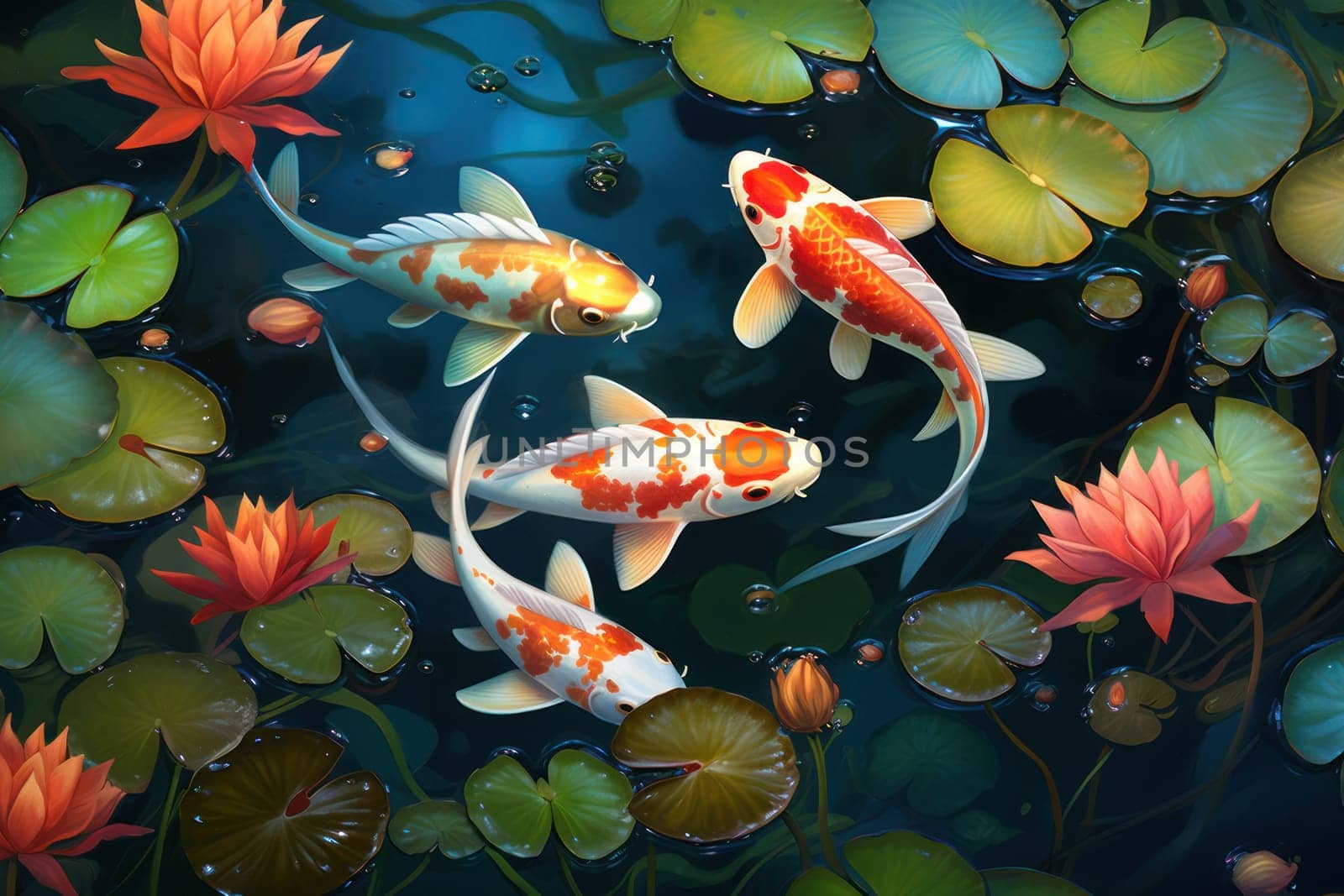 Colorful decorative KOI fish float in an artificial pond, view from above.