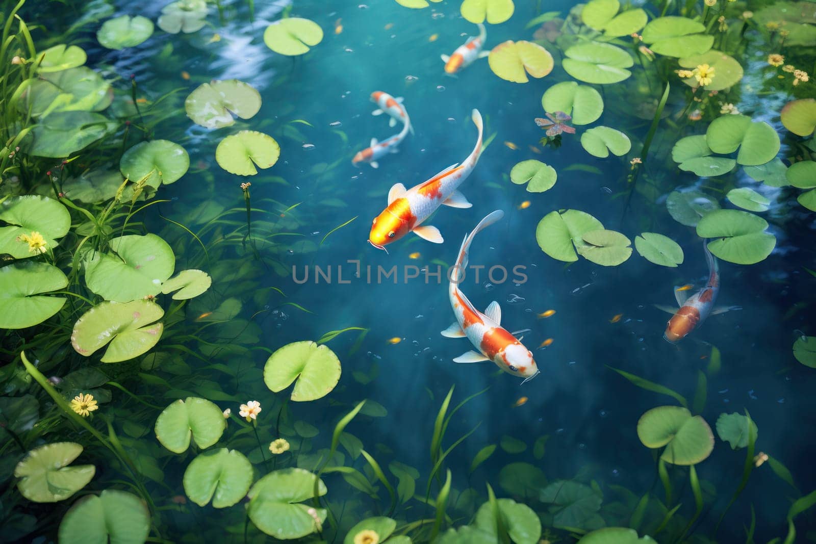 Colorful decorative KOI fish float in an artificial pond, view from above.