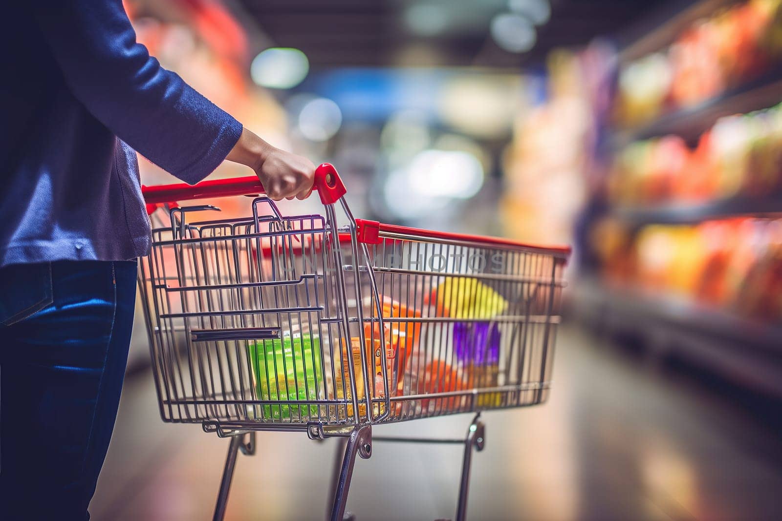 Woman hand hold shopping cart with blur supermarket fresh product shelves background.