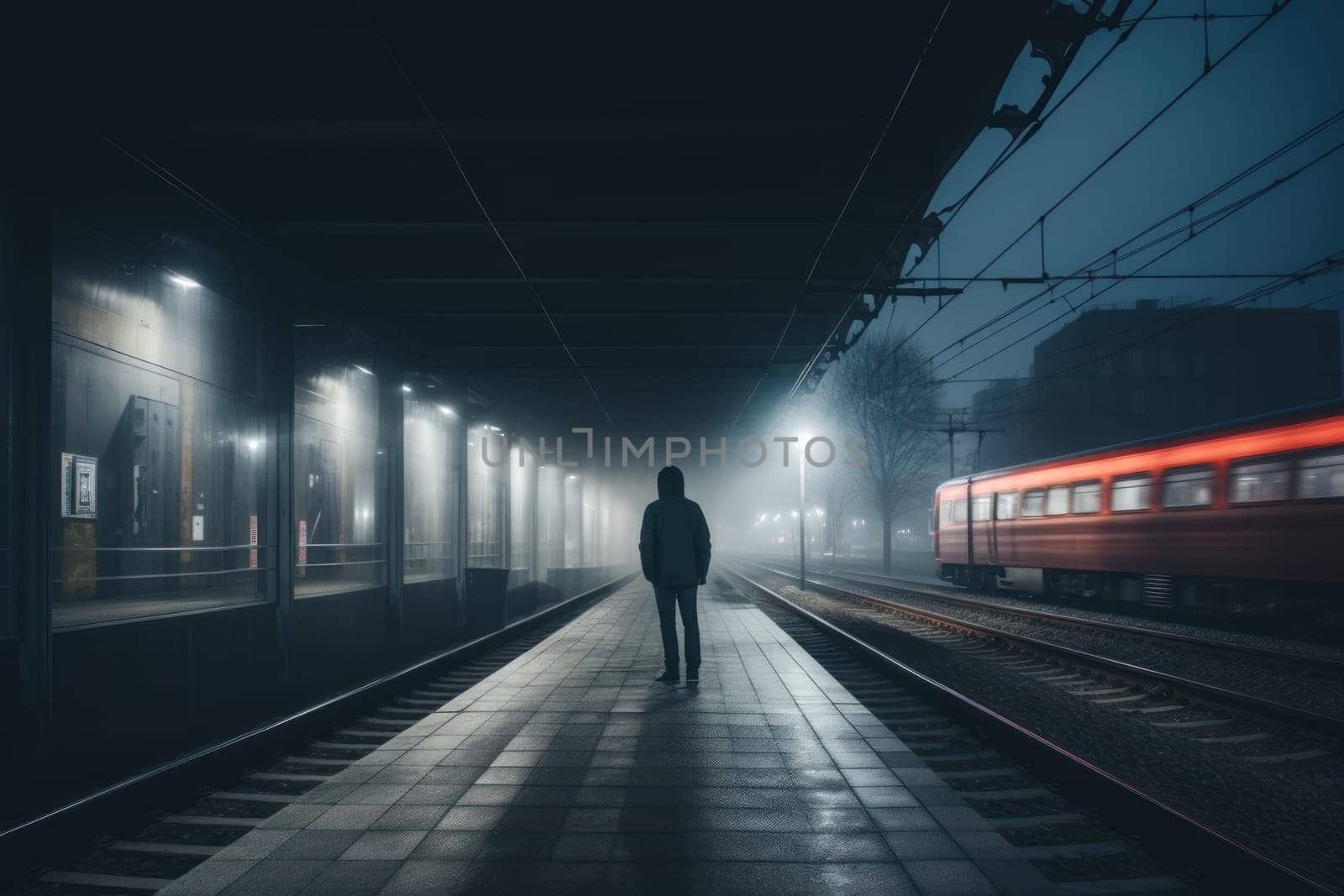 Lonely at railway station unsplash Generative AI.