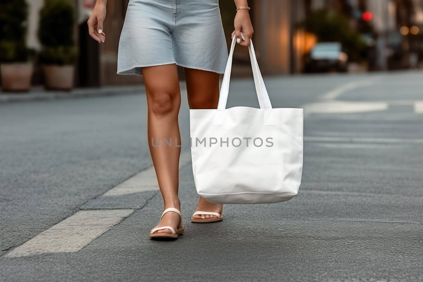 Model hold blank white fabric mockup bag for save environment on street fashion.