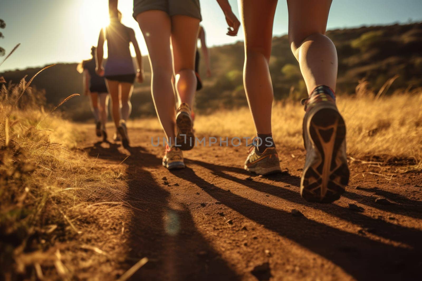 Group running in the light of morning or evening on city road detail.