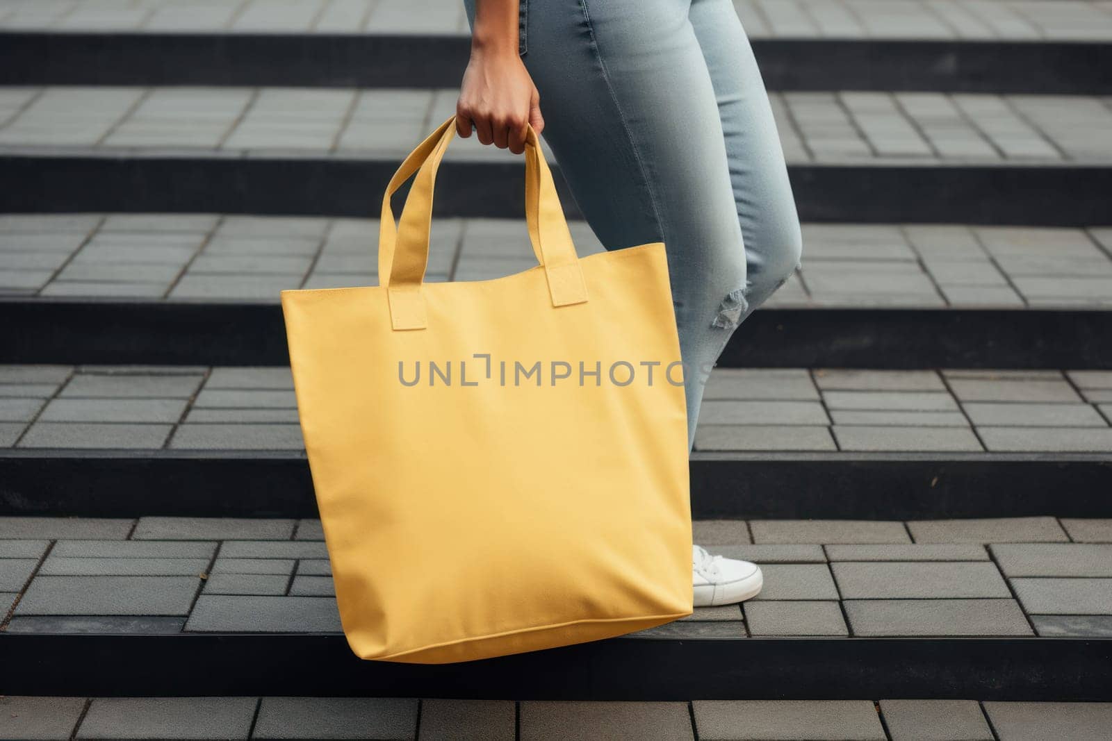 Model hold blank white fabric mockup bag for save environment on street fashion.