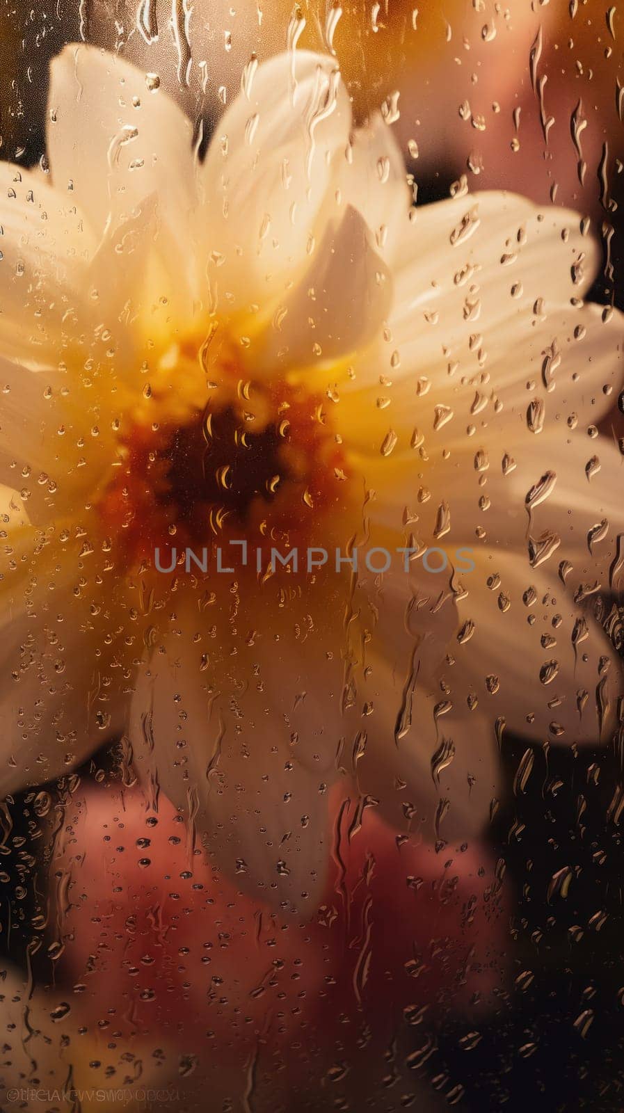 Background of blooming flowers in front of glass with water drops Stock Photo.