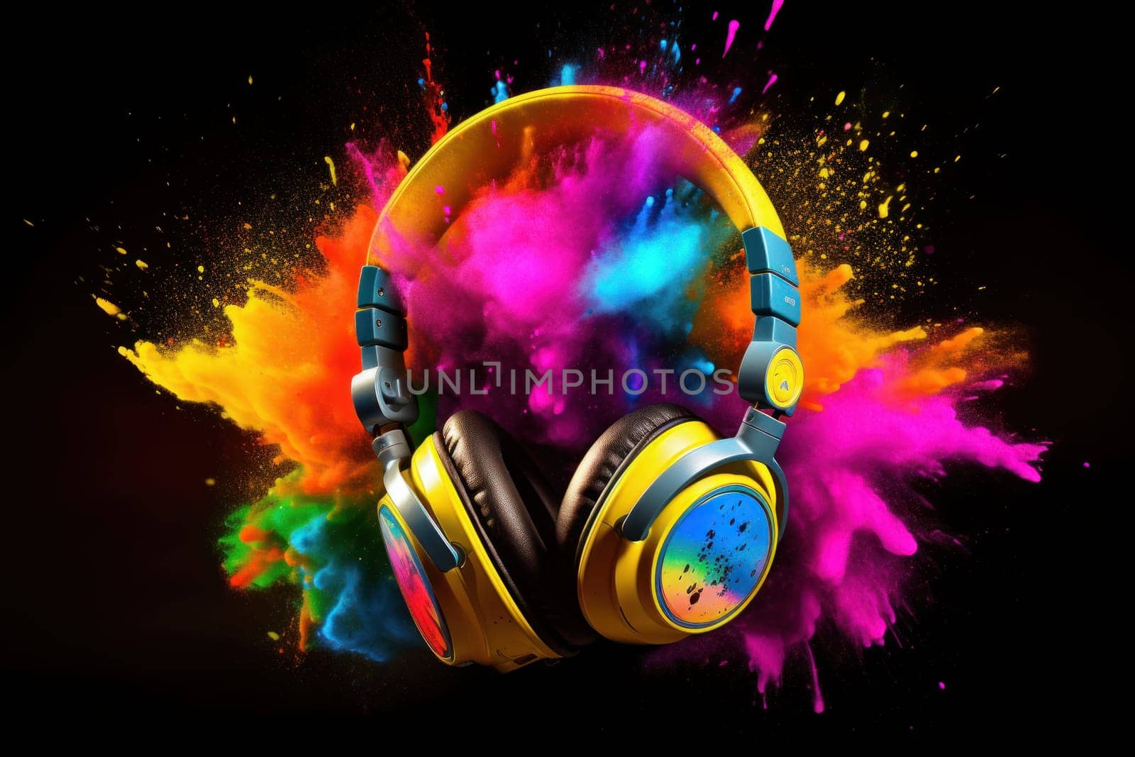 A headphone with colorful color powder splash Generative AI.