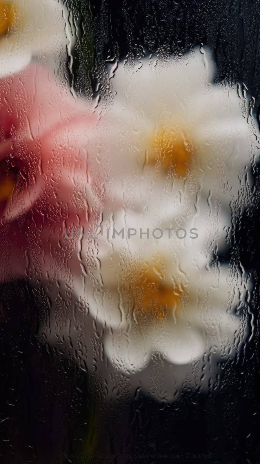 Background of blooming flowers in front of glass with water drops Stock Photo.
