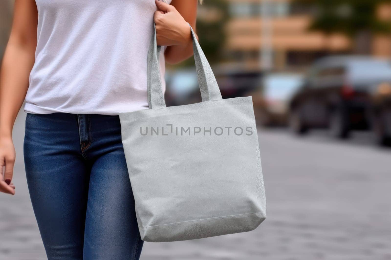 Model hold blank white fabric mockup bag for save environment on street fashion by nijieimu