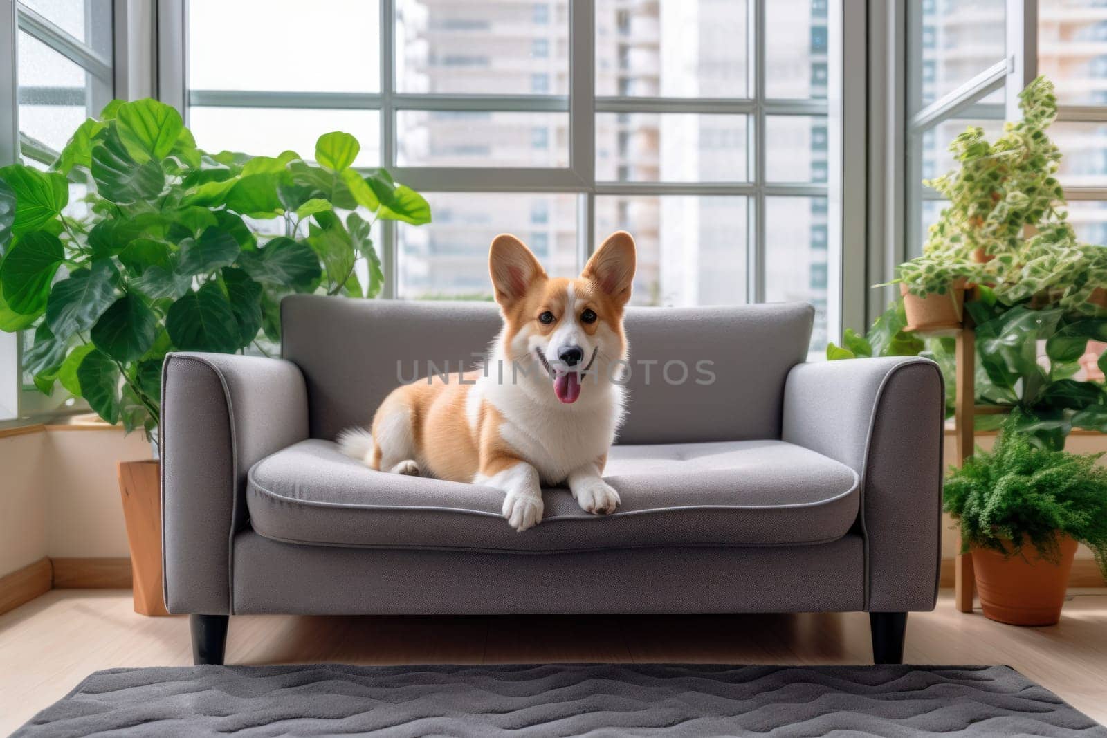 A Corgi sitting on grey Sofa Bed pet mat in living room Generative AI by nijieimu