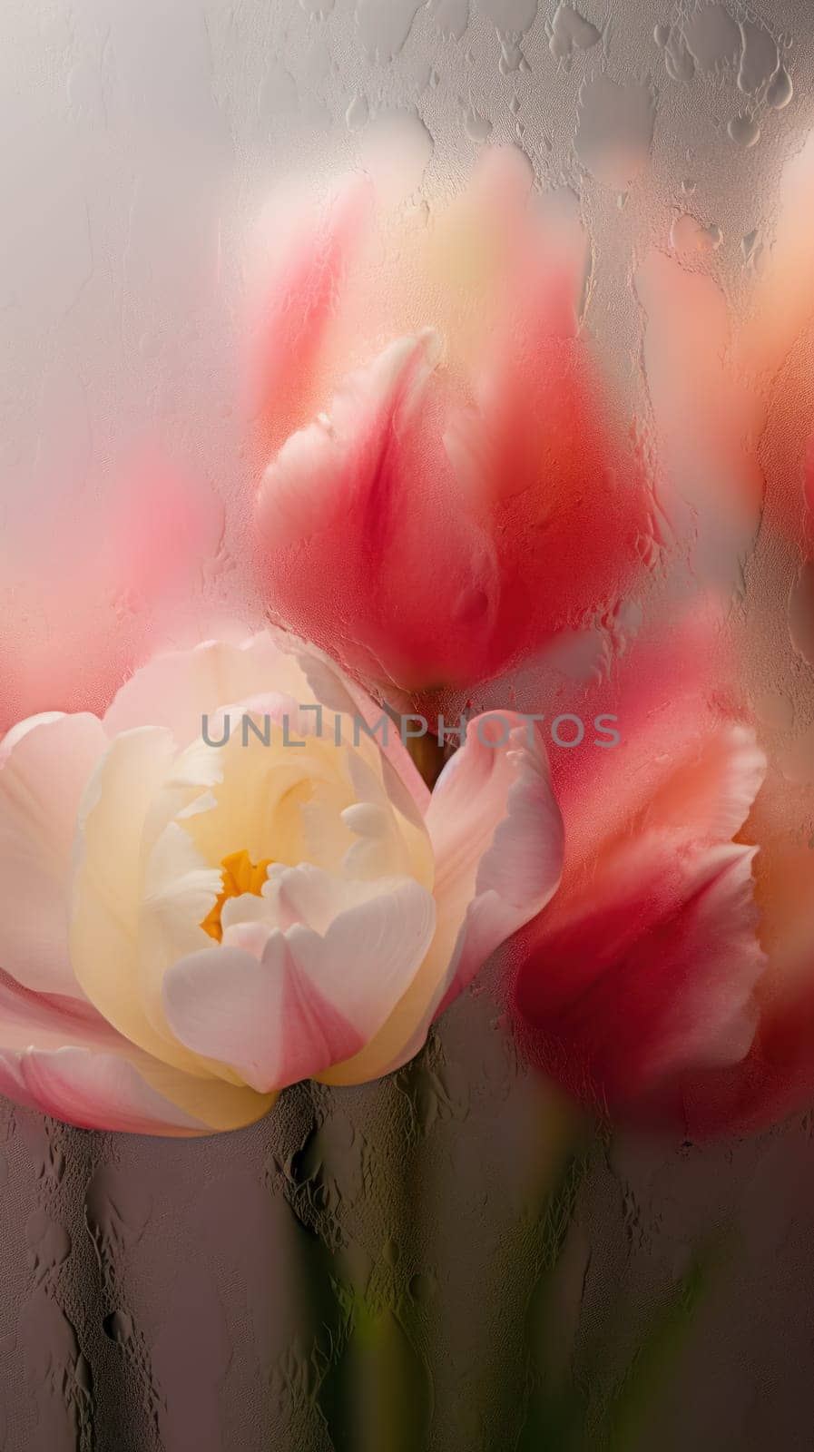 Background of blooming flowers in front of glass with water drops Stock Photo.