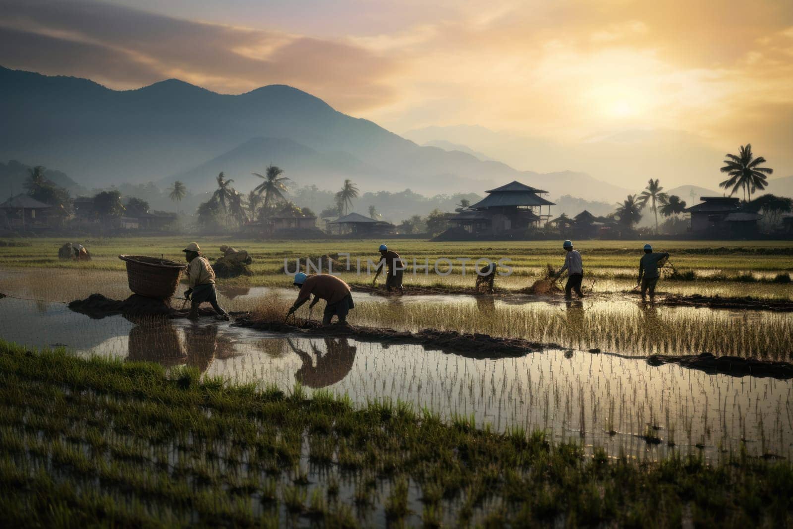 Agriculture of Asia Local Thai farmers are planting rice fields.