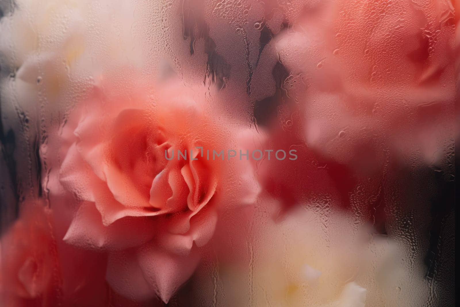 Background of blooming flowers in front of glass with water drops Stock Photo.