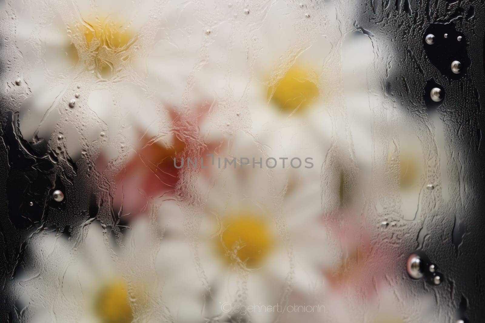 Background of blooming flowers in front of glass with water drops Stock Photo.