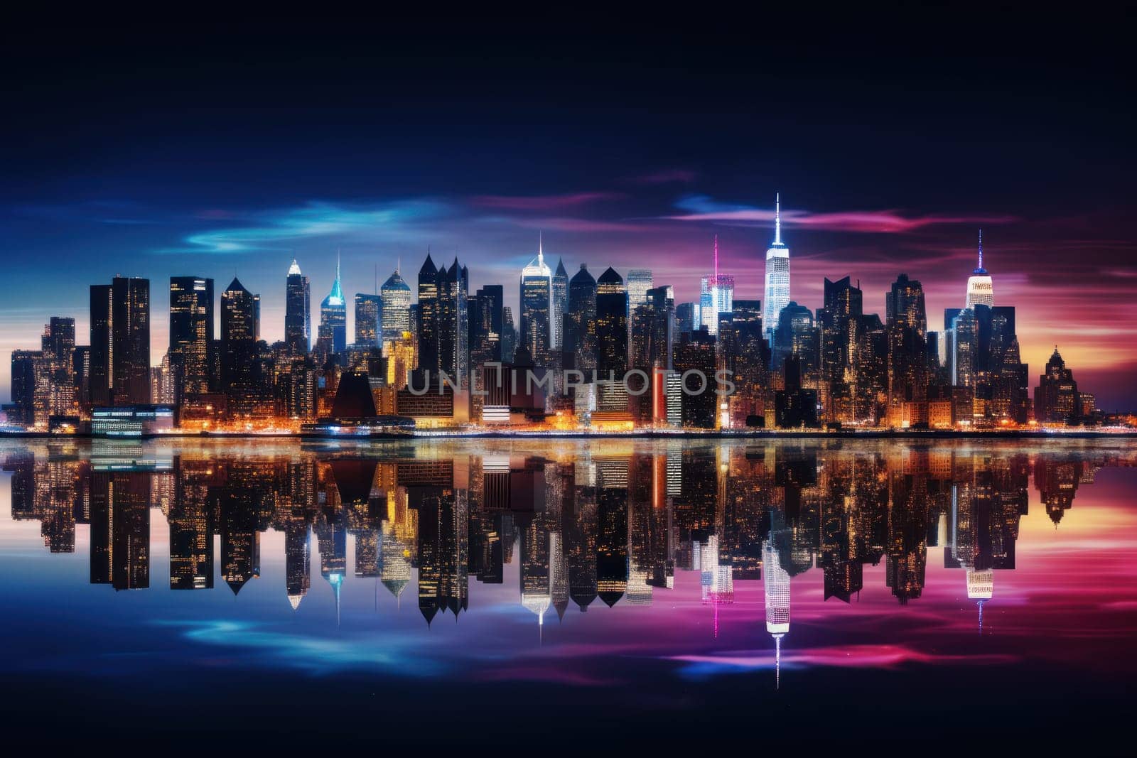 A skyline picture of a city with a reflection in the water.