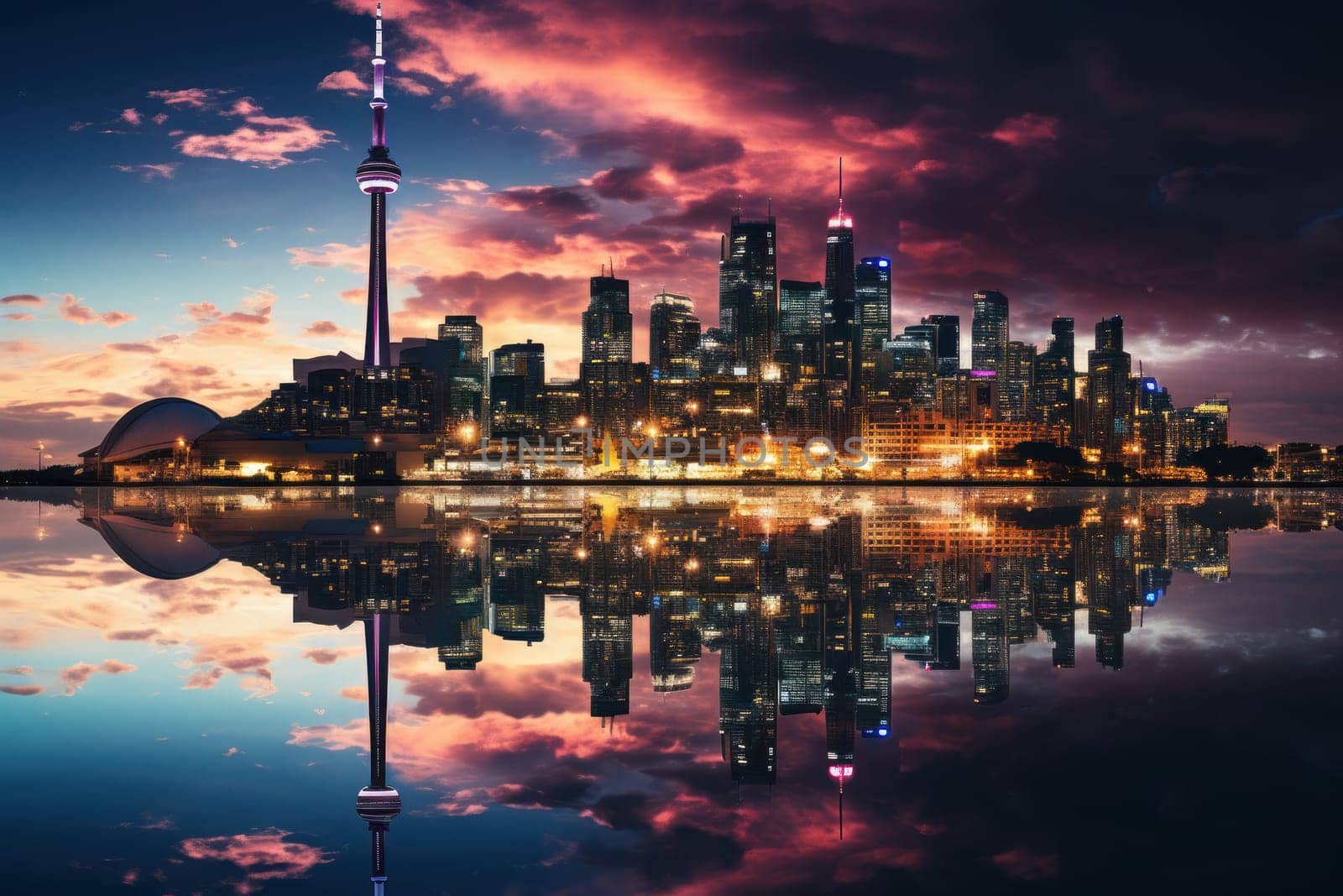 A skyline picture of a city with a reflection in the water.