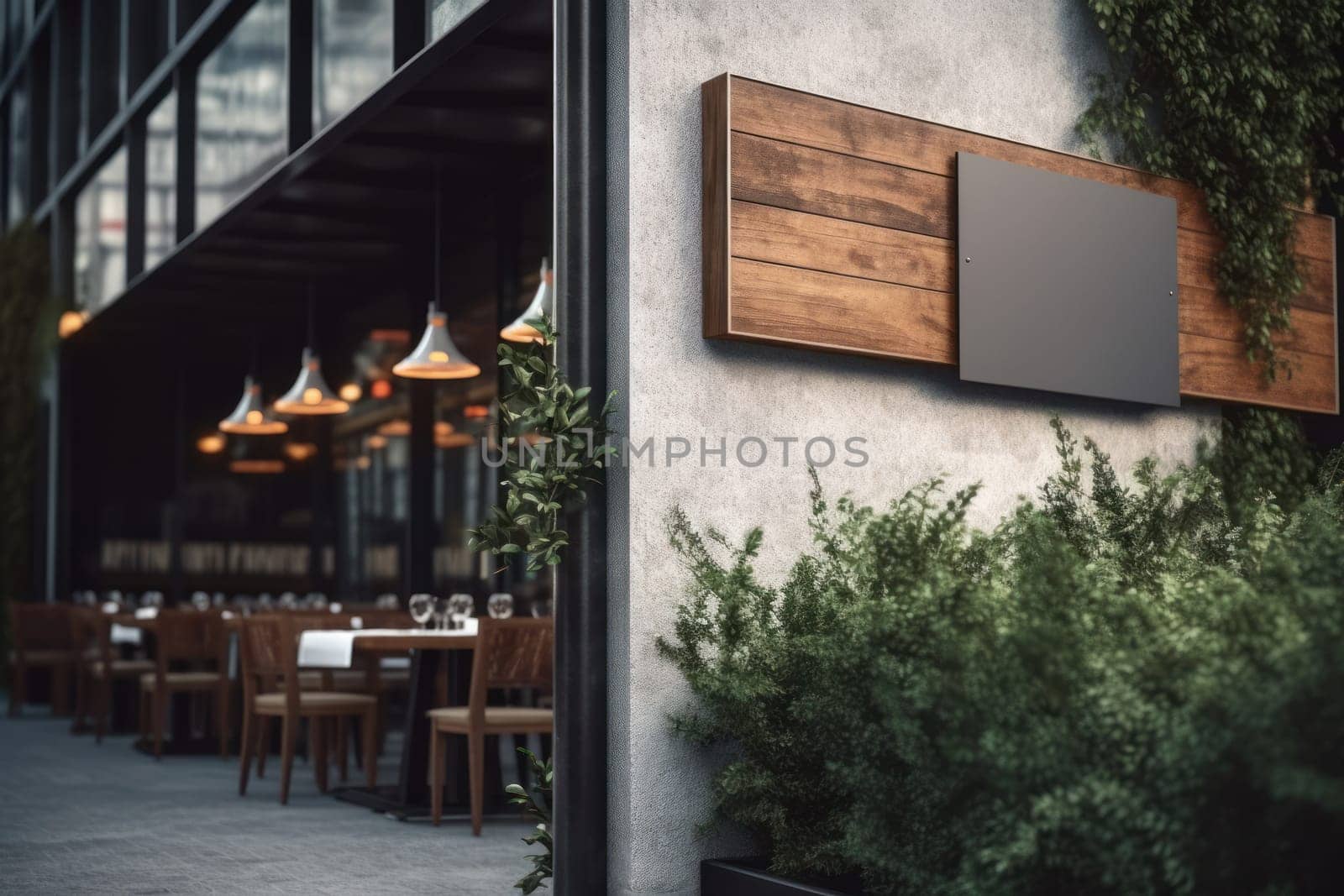 Mockup outdoor wall store shop sign outside restaurant.