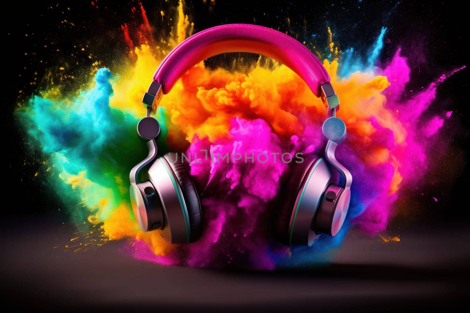 A headphone with colorful color powder splash Generative AI.
