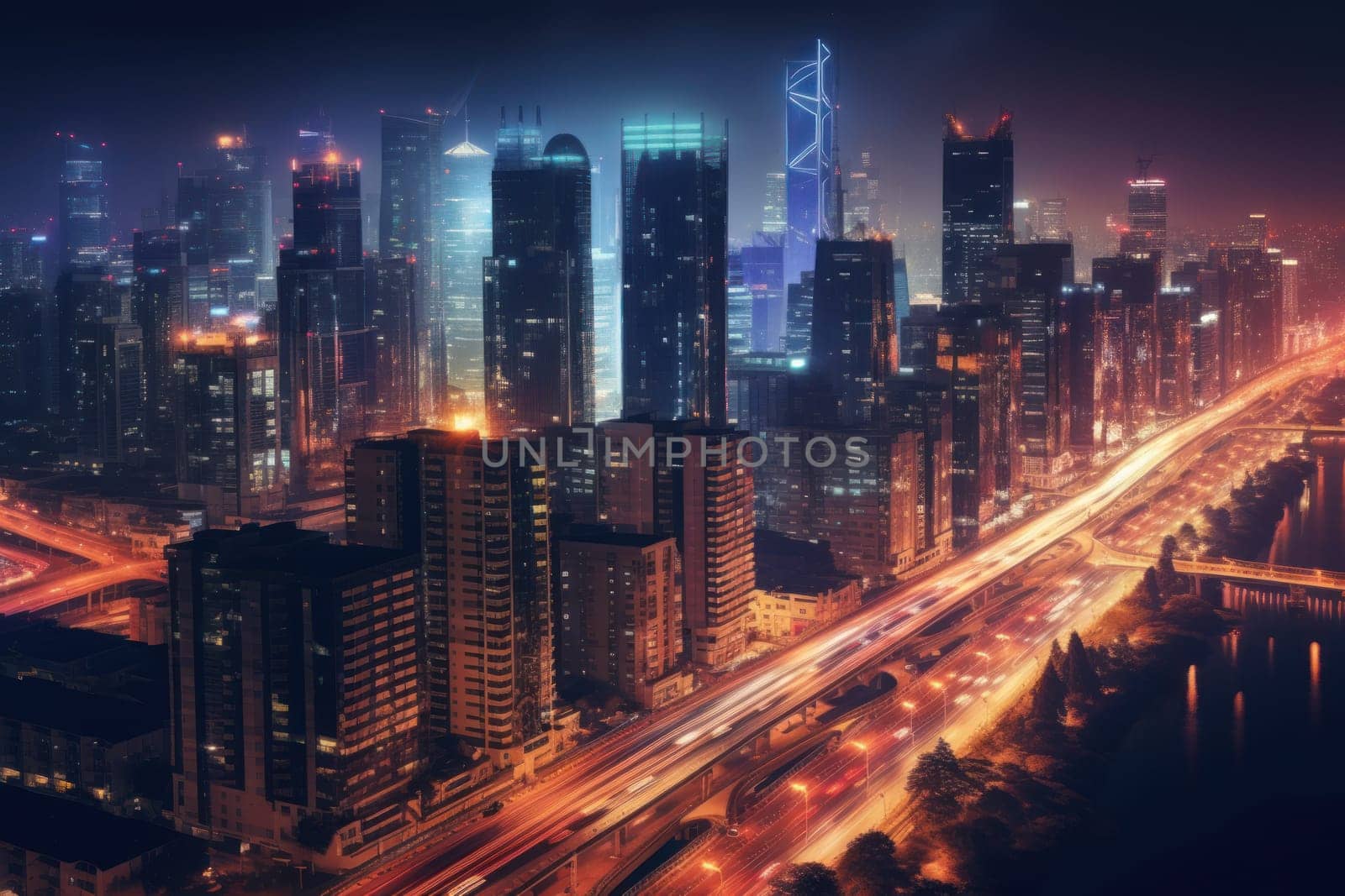 High speed traffic and light trails in highway at twilight Modern city at night.