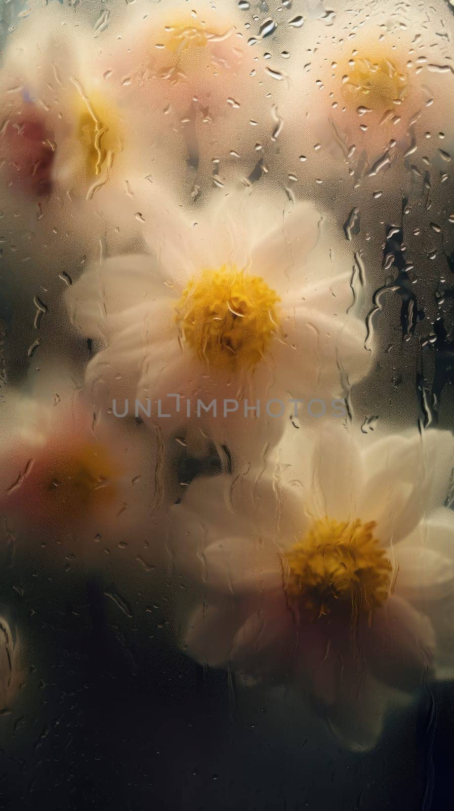 Background of blooming flowers in front of glass with water drops Stock Photo by nijieimu