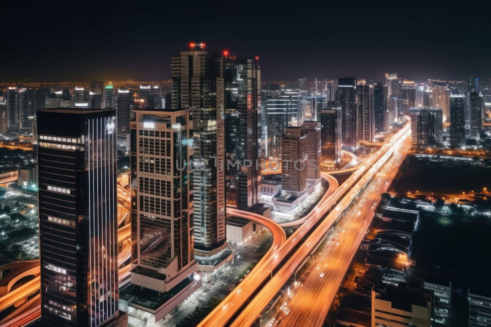 High speed traffic and light trails in highway at twilight Modern city at night.