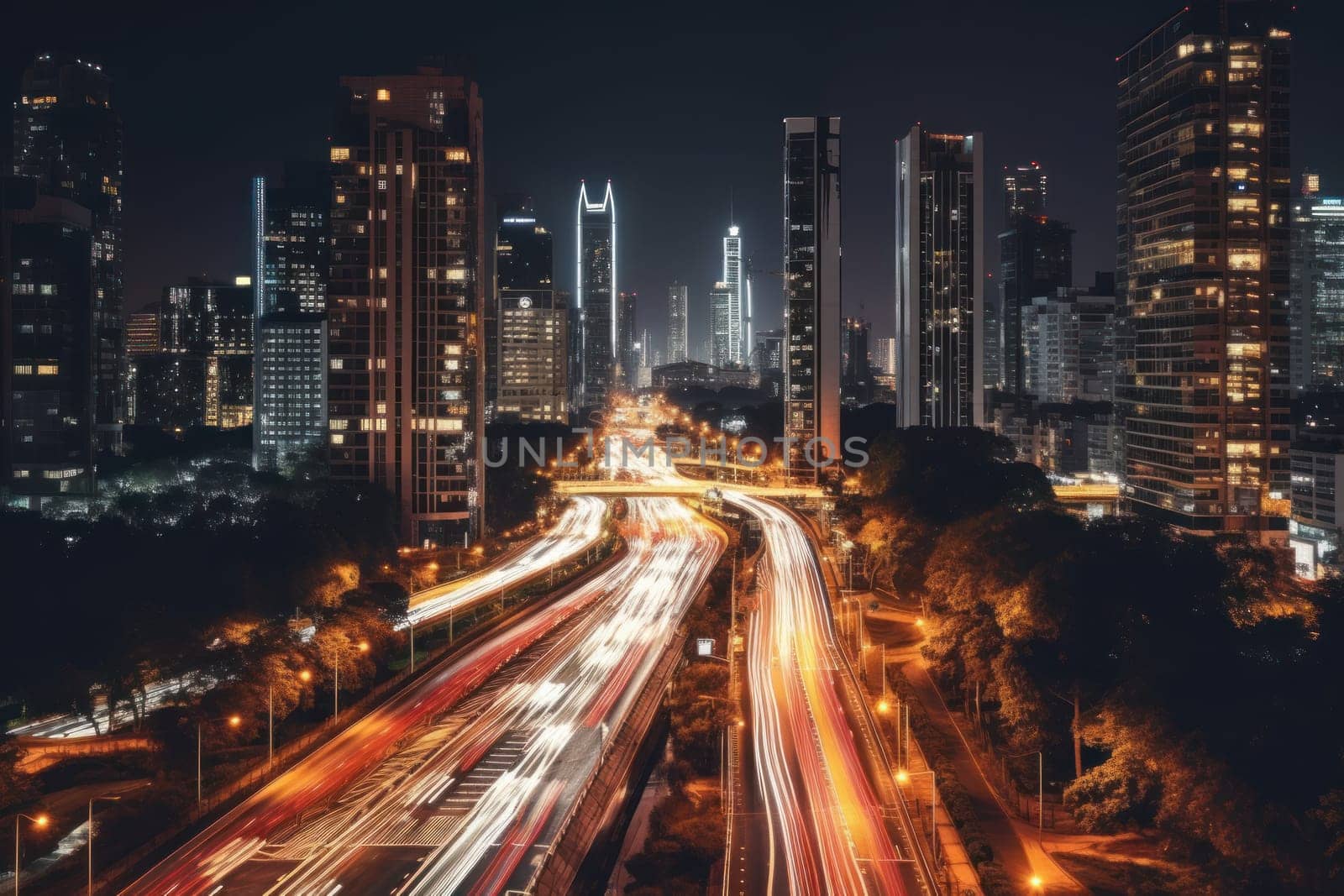 High speed traffic and light trails in highway at twilight Modern city at night.