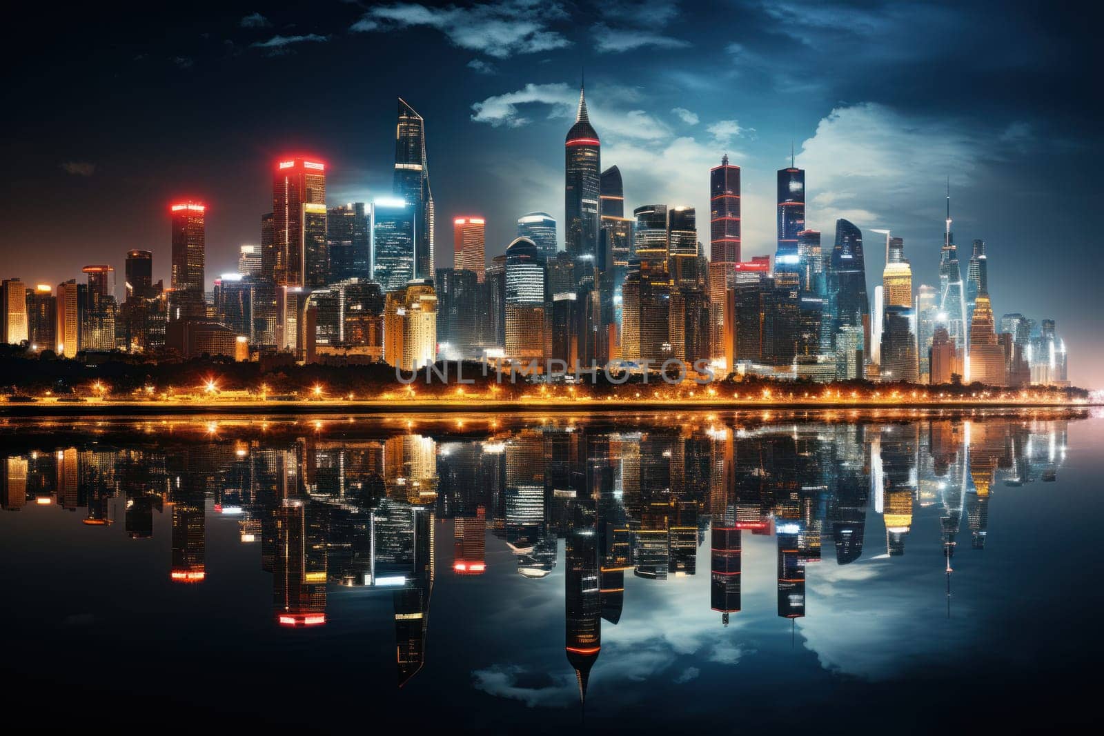 A skyline picture of a city with a reflection in the water.