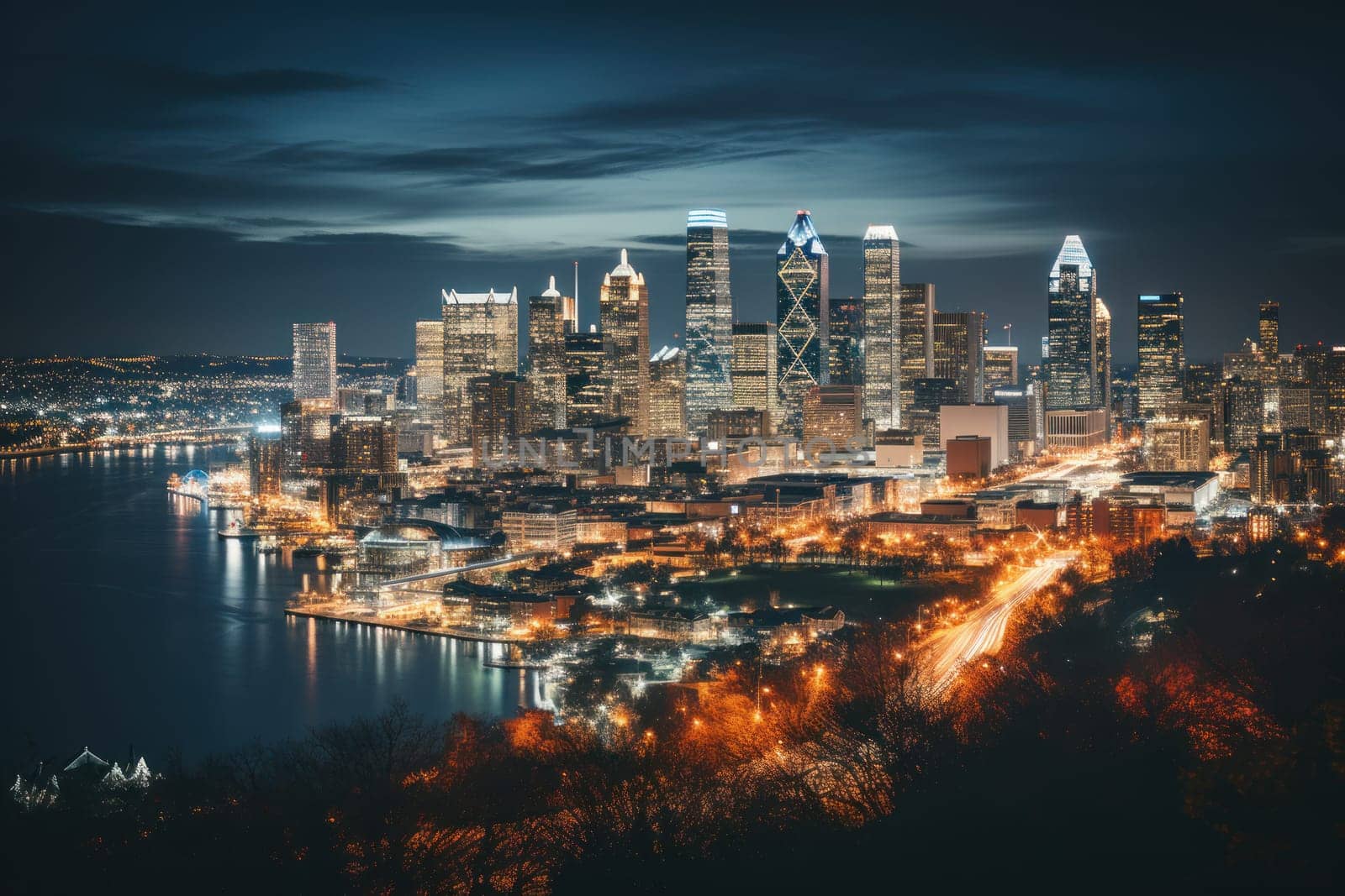 A skyline picture of a city with a reflection in the water.