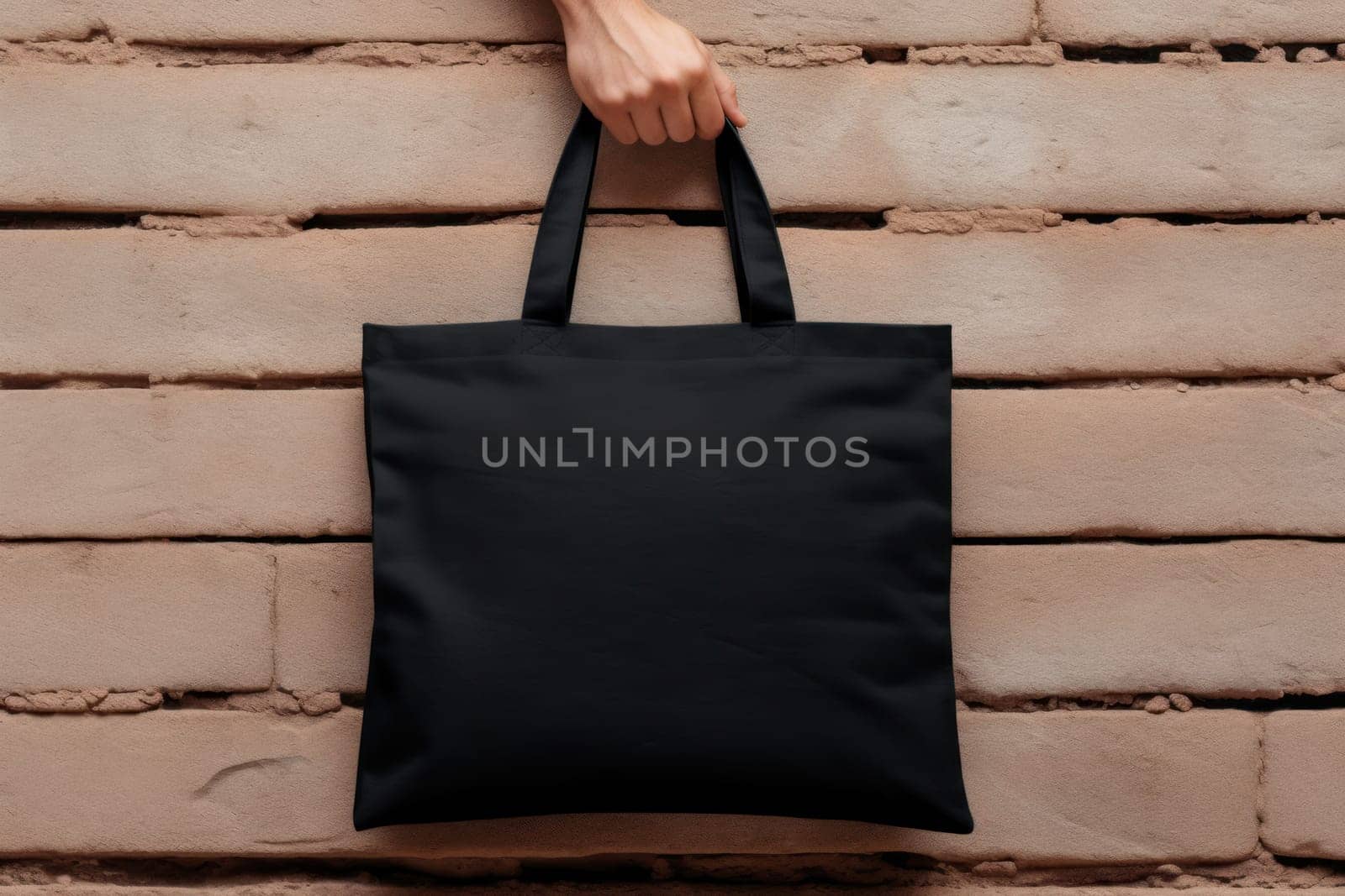 Hand holding black cotton tote bag mockup on a wall background.