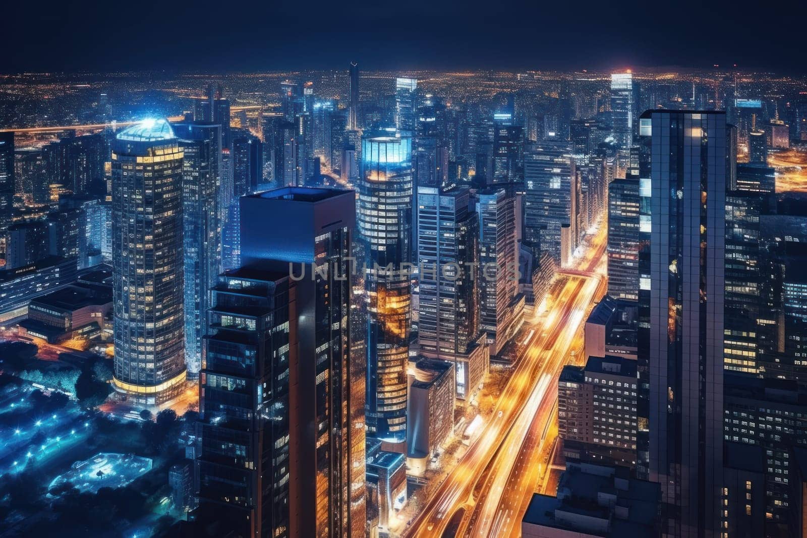 High speed traffic and light trails in highway at twilight Modern city at night by nijieimu