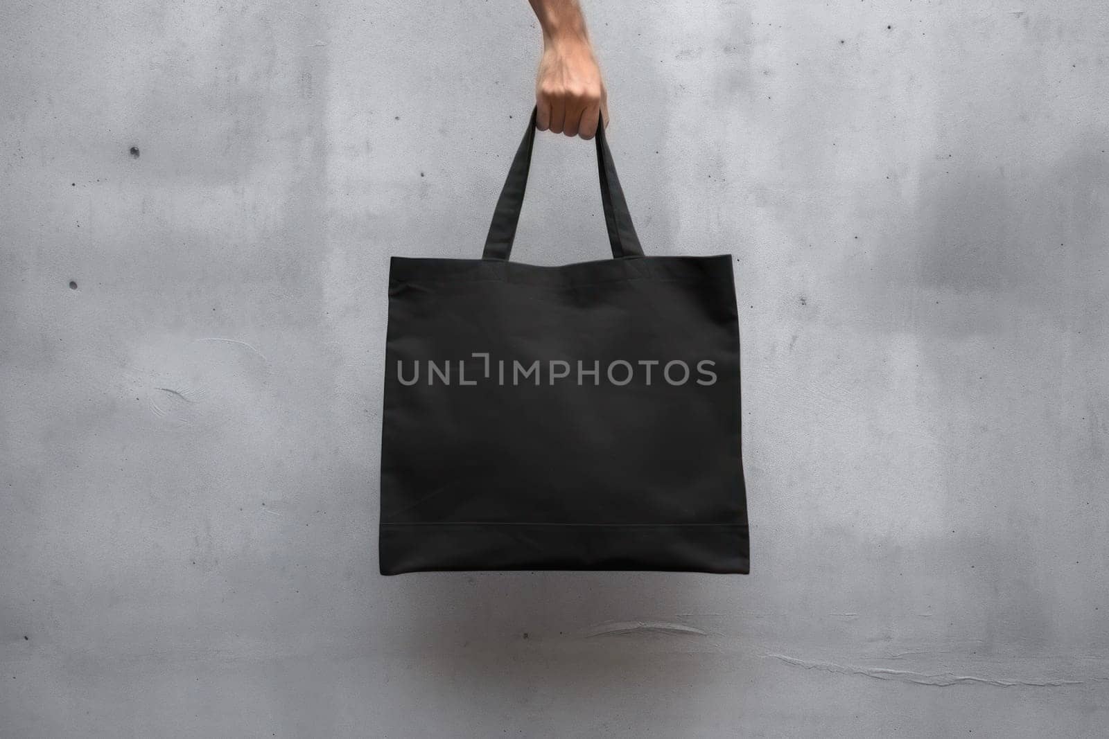 Hand holding black cotton tote bag mockup on a wall background.