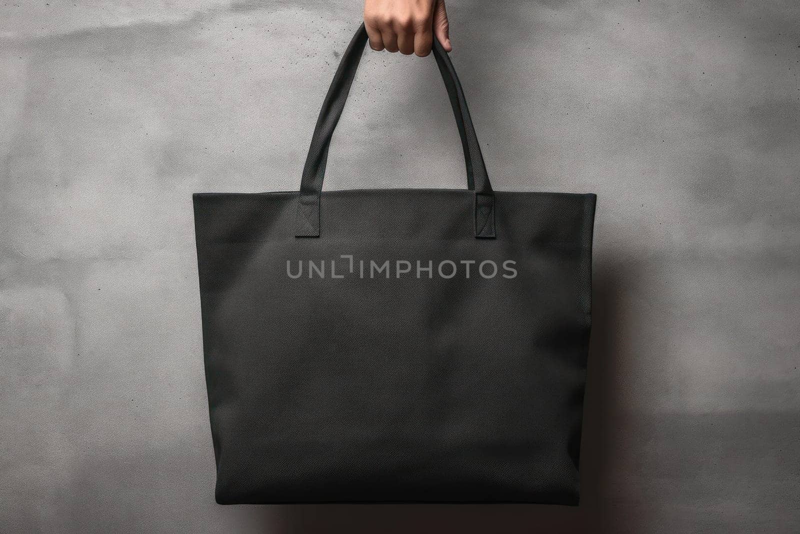 Hand holding black cotton tote bag mockup on a wall background.