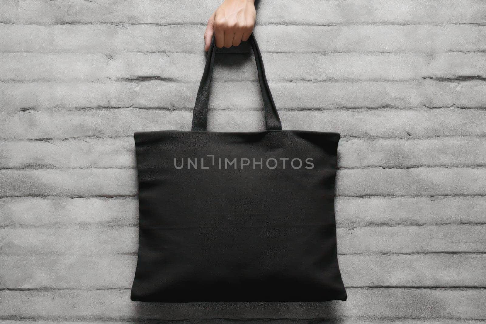 Hand holding black cotton tote bag mockup on a wall background.