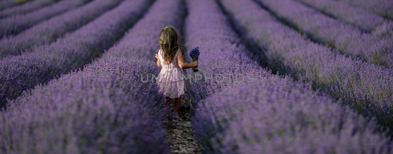 Lavender field girl banner. Back view happy girl in pink dress with flowing hair runs through a lilac field of lavender. Aromatherapy travel by Matiunina