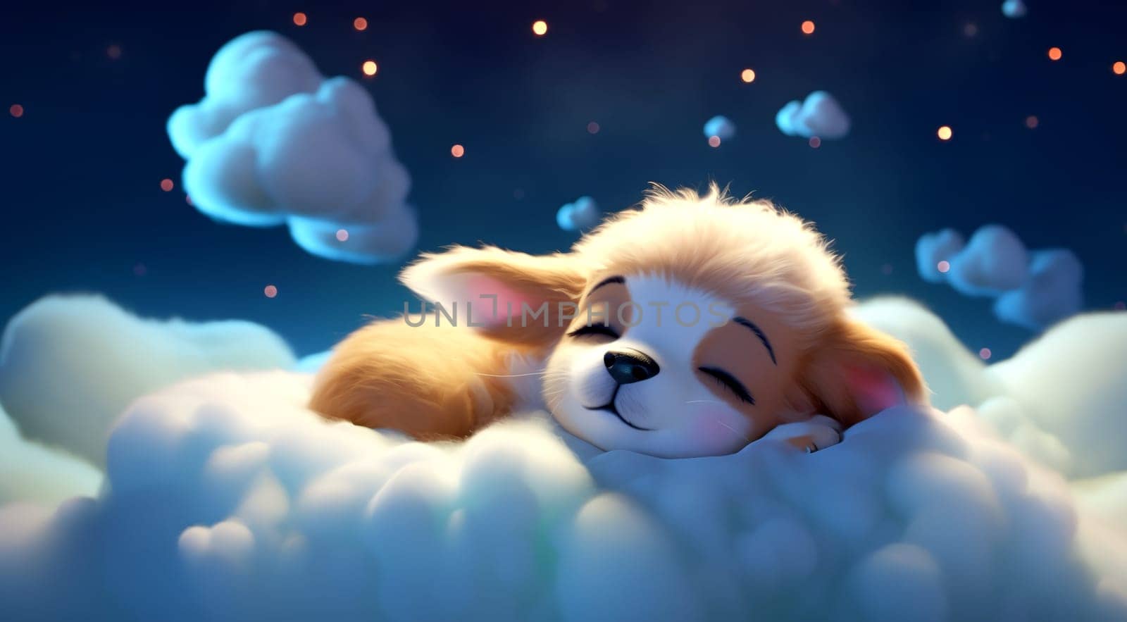 Magical children's backgrounds, the embodiment of children's dreams. Child and animals sleeping on a cloud. AI generated.