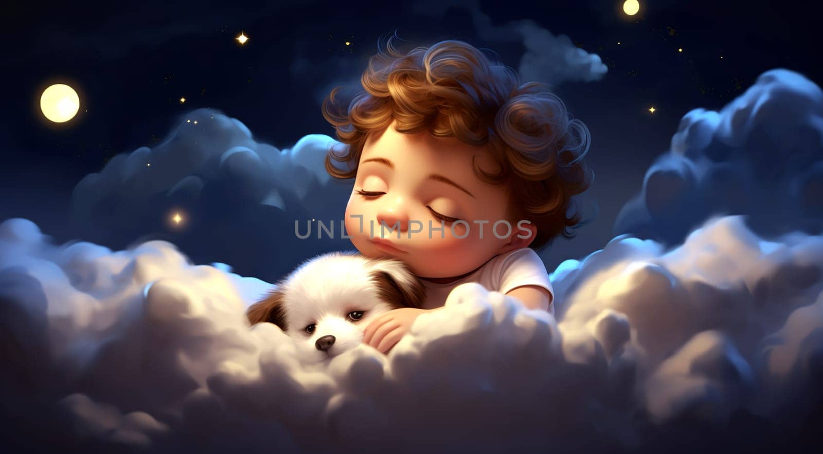 Magical children's backgrounds, the embodiment of children's dreams. Child and animals sleeping on a cloud. AI generated.