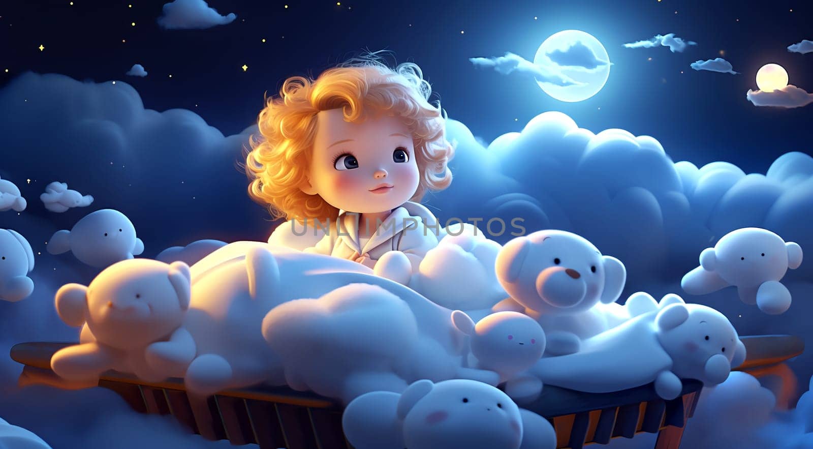 Magical children's backgrounds, the embodiment of children's dreams. Child and animals sleeping on a cloud. AI generated.