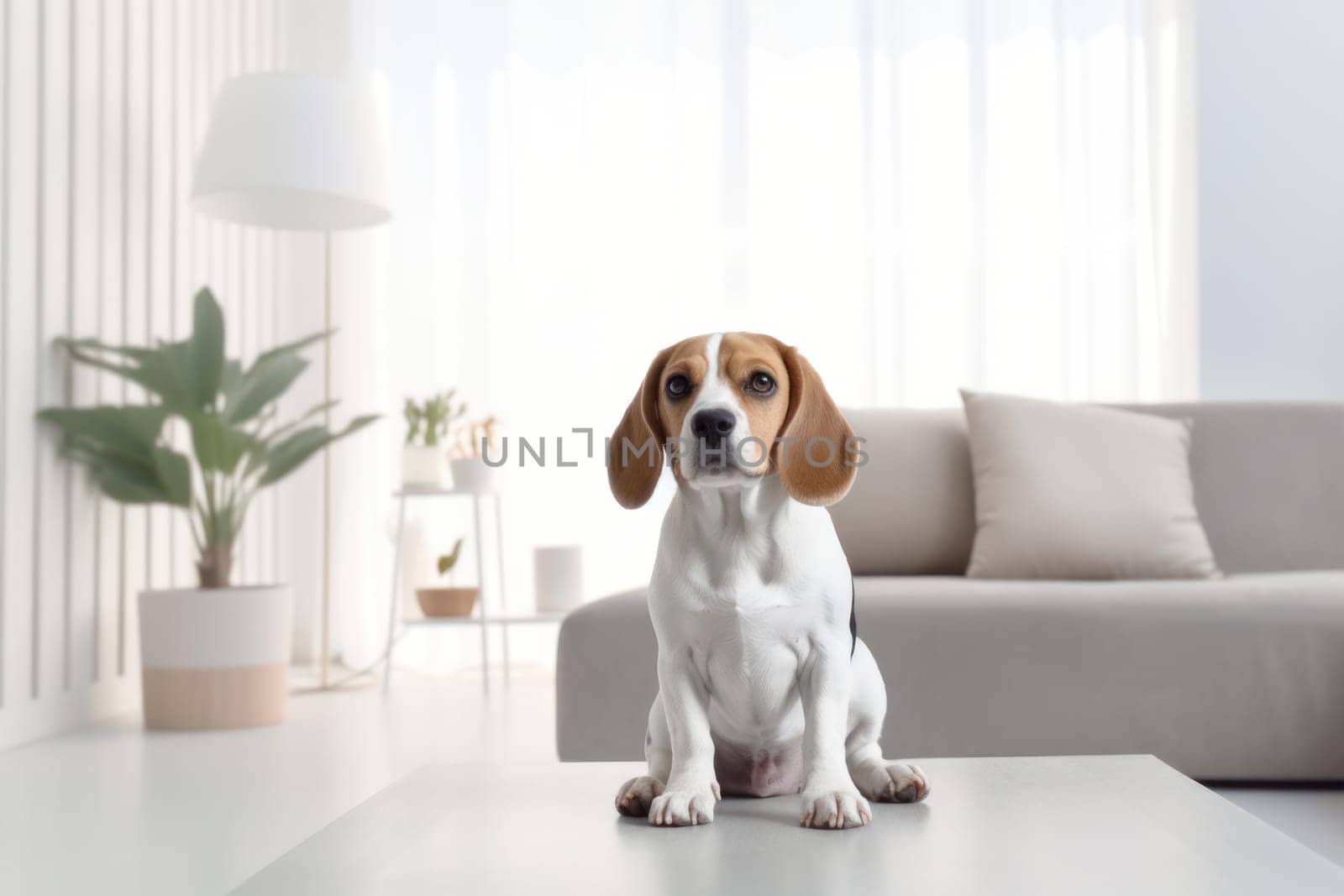Modern bright living room interior Cute dog near couch.