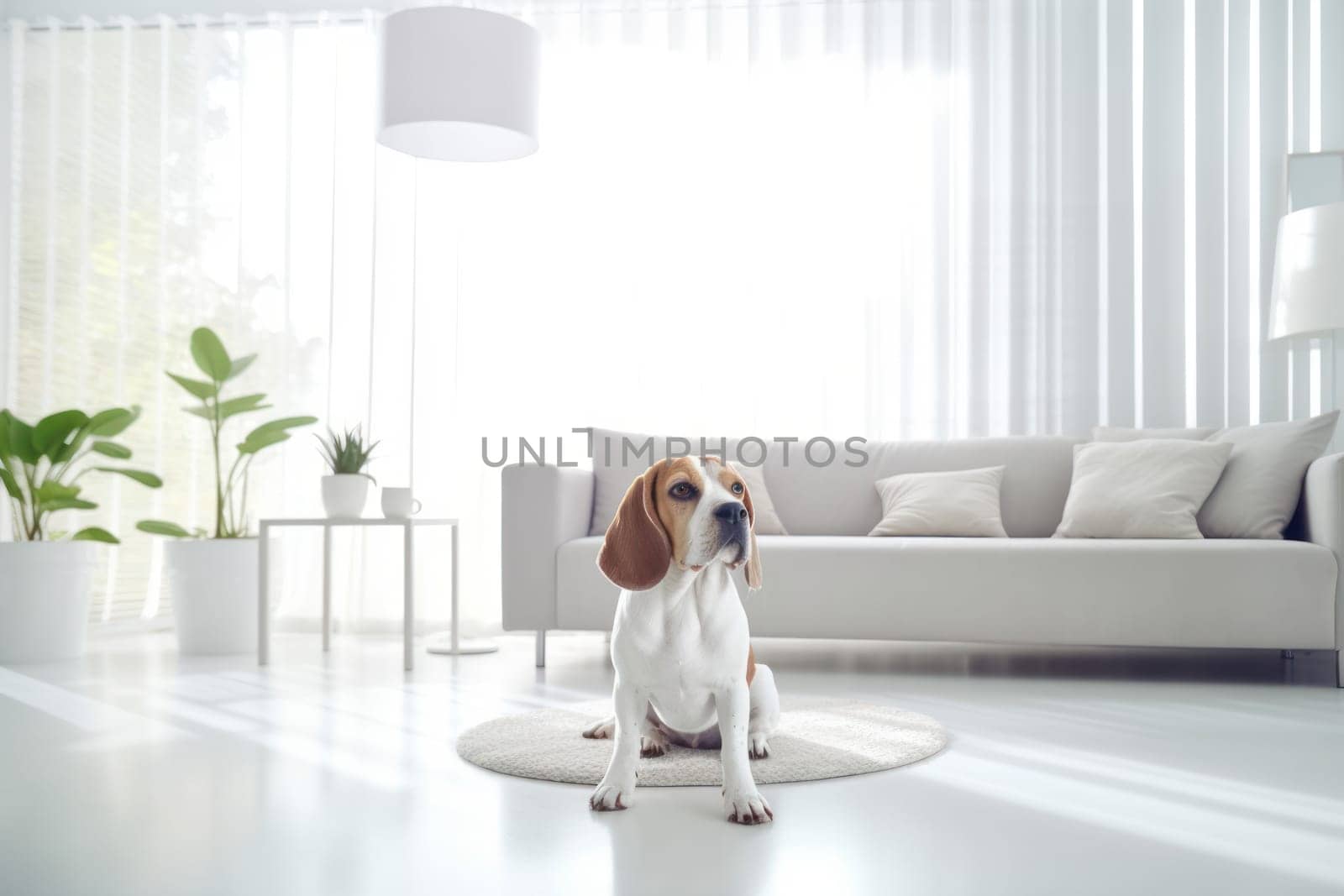 Modern bright living room interior Cute dog near couch.