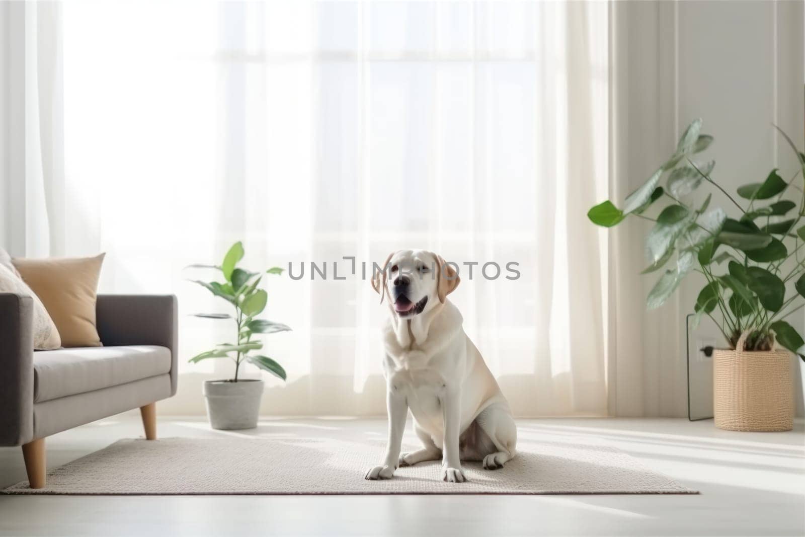 Modern bright living room interior Cute dog near couch.