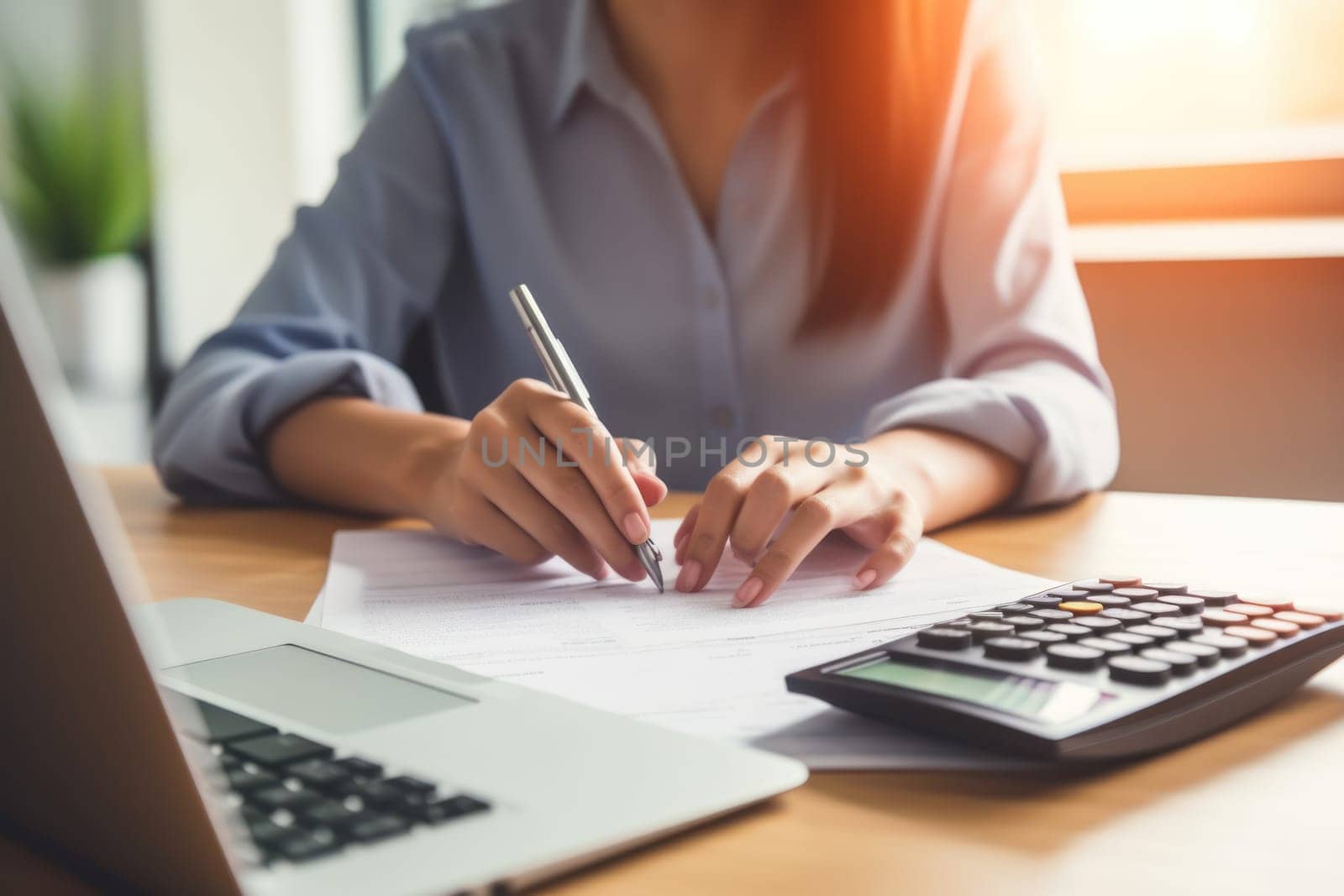 Closeup shot of businesswoman using a calculator and laptop in an office.