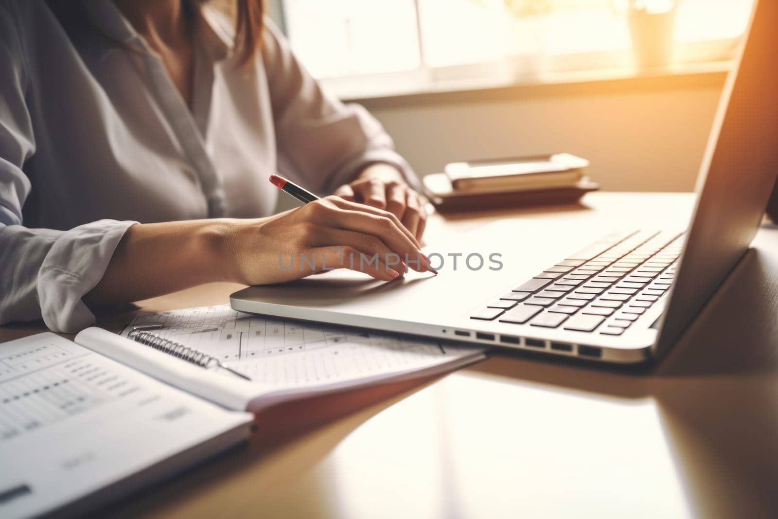 Closeup shot of businesswoman using a calculator and laptop in an office.