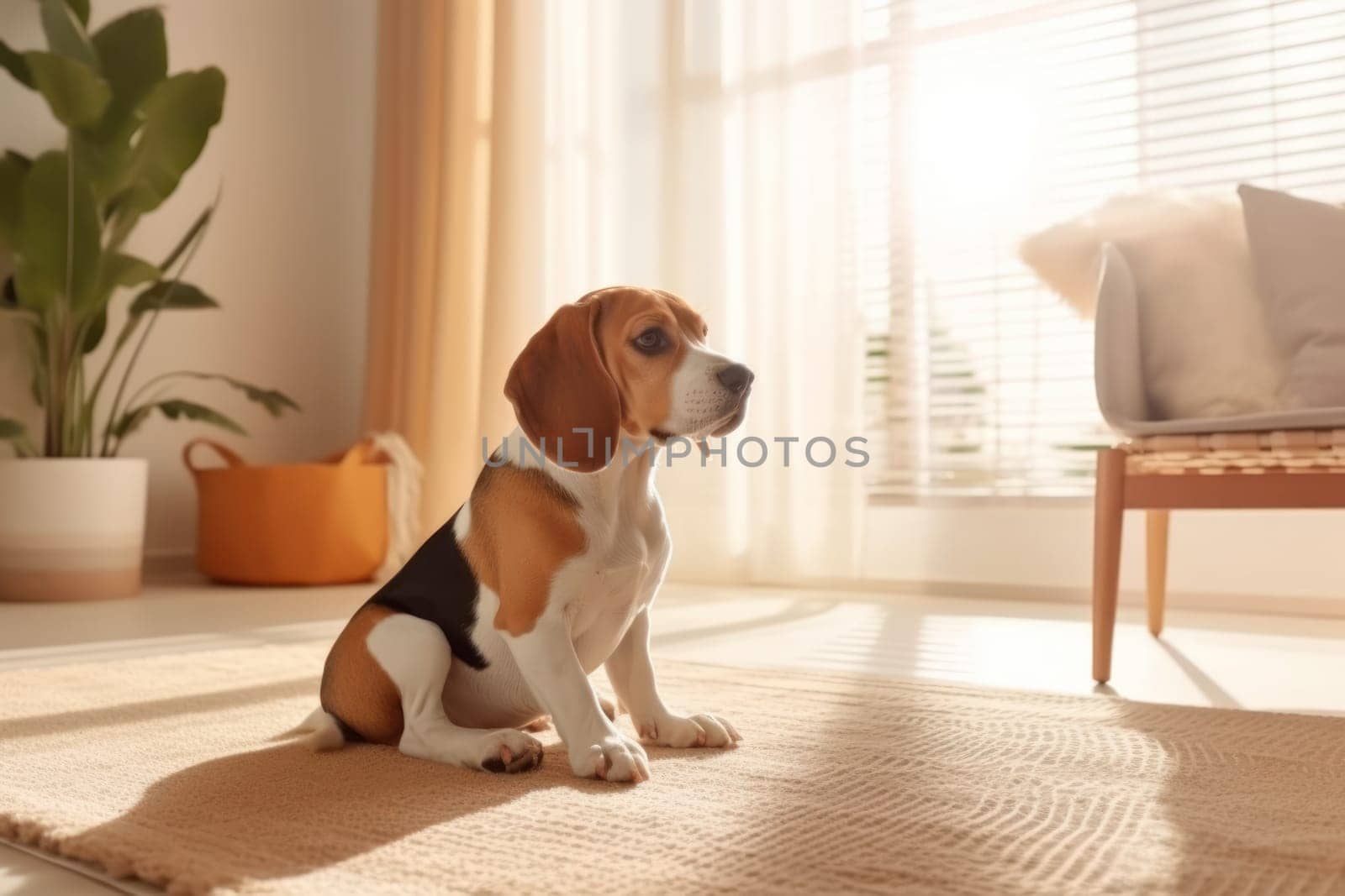 Modern bright living room interior Cute dog near couch.