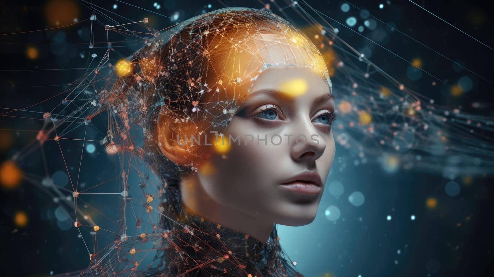 Text analysis and data classification using AI neural networks. Woman portrait