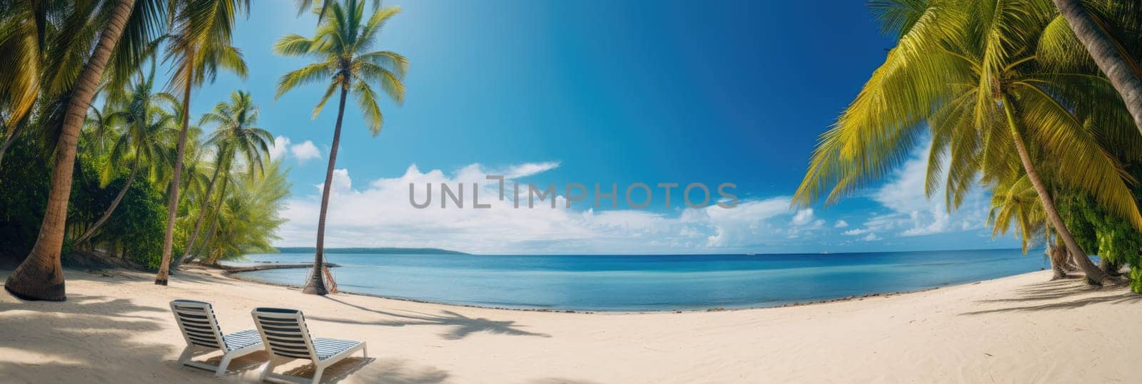 Tropical beach background with sun loungers and palm trees by natali_brill