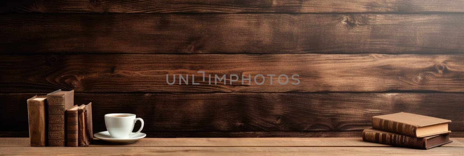 Wood texture background with books and cups of coffee. Wide format banner AI