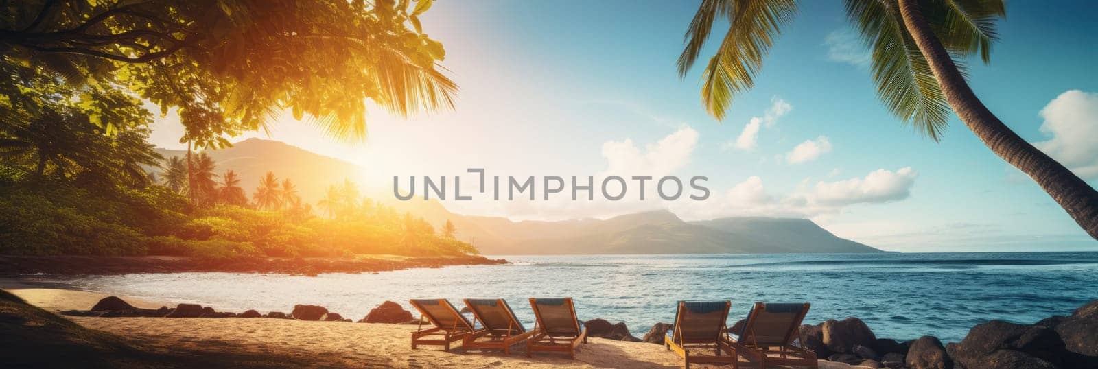 Tropical beach background with sun loungers and palm trees. Wide format banner AI