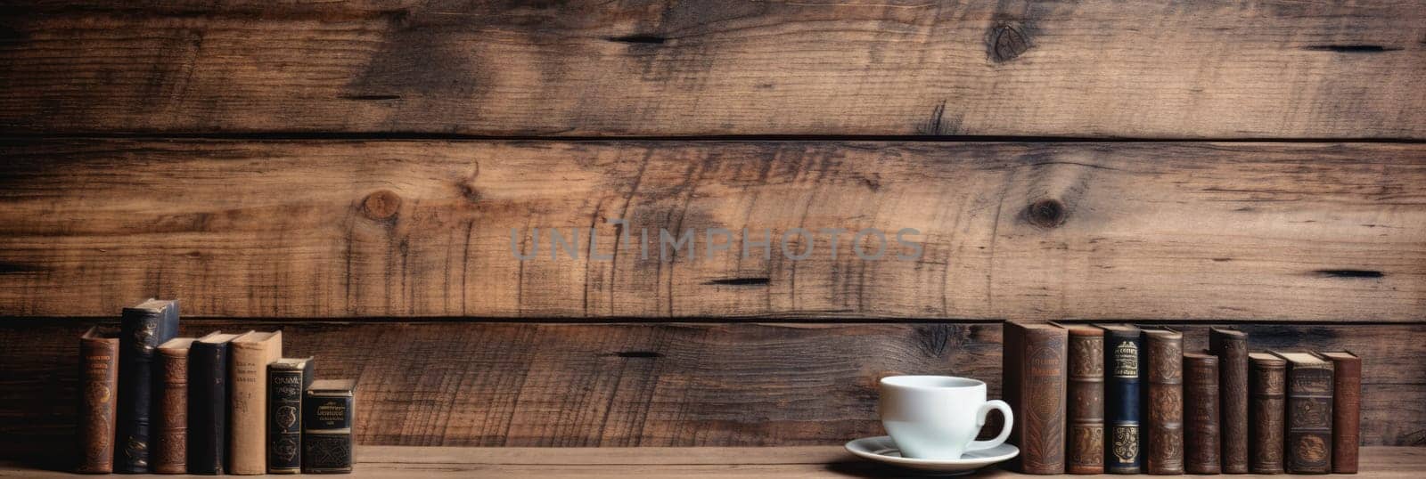 Wood texture background with books and cups of coffee. Wide format banner by natali_brill