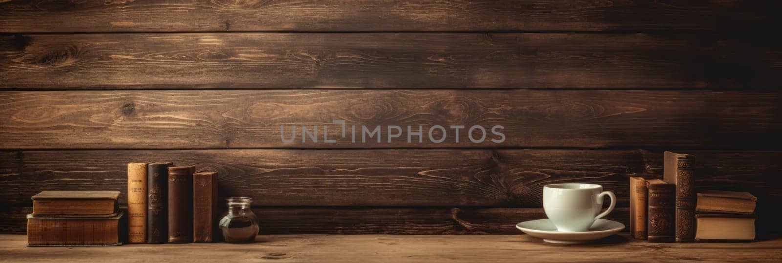 Wood texture background with books and cups of coffee. Wide format banner by natali_brill