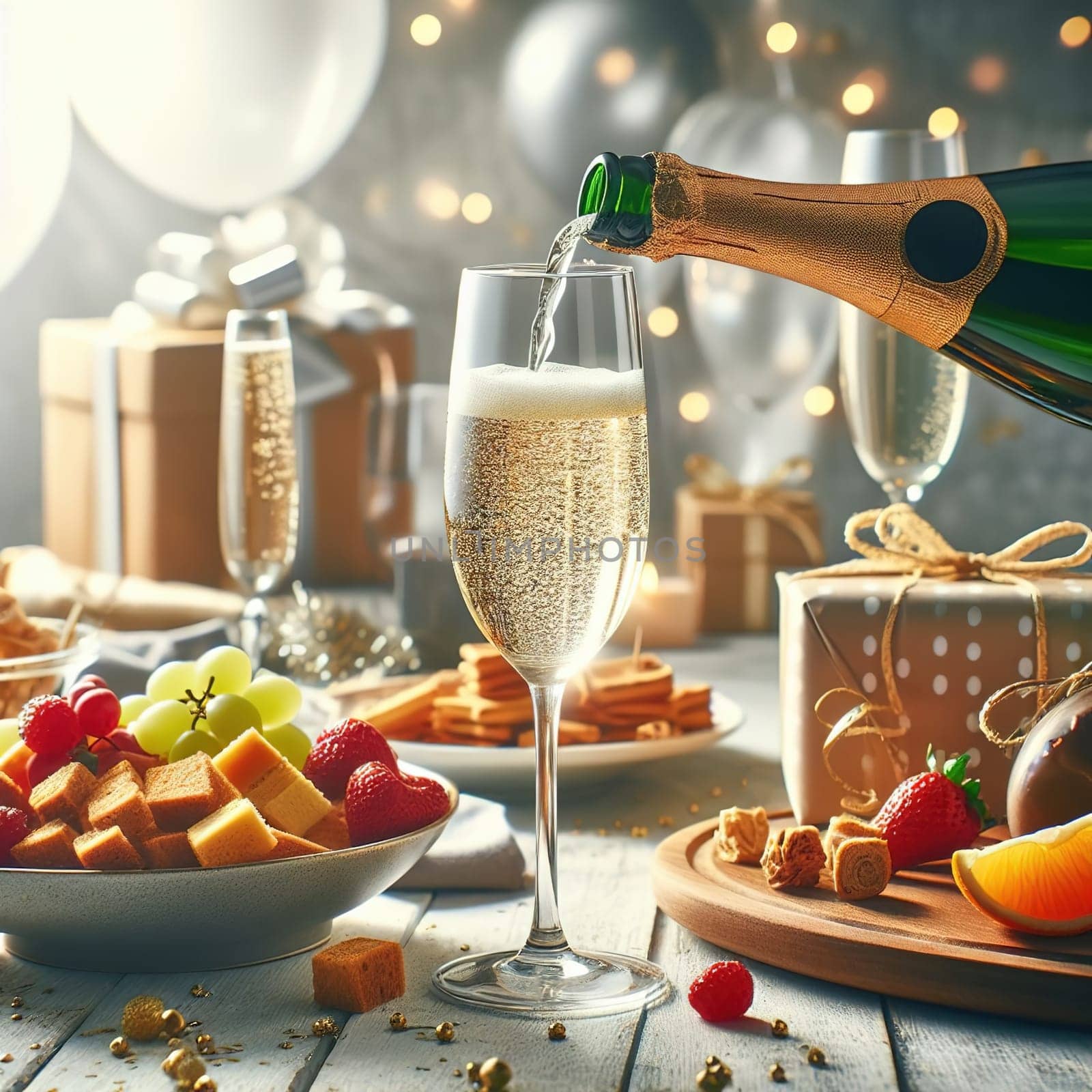 Gifts, light snacks and fruits on the holiday table. Sparkling wine is poured into a glass